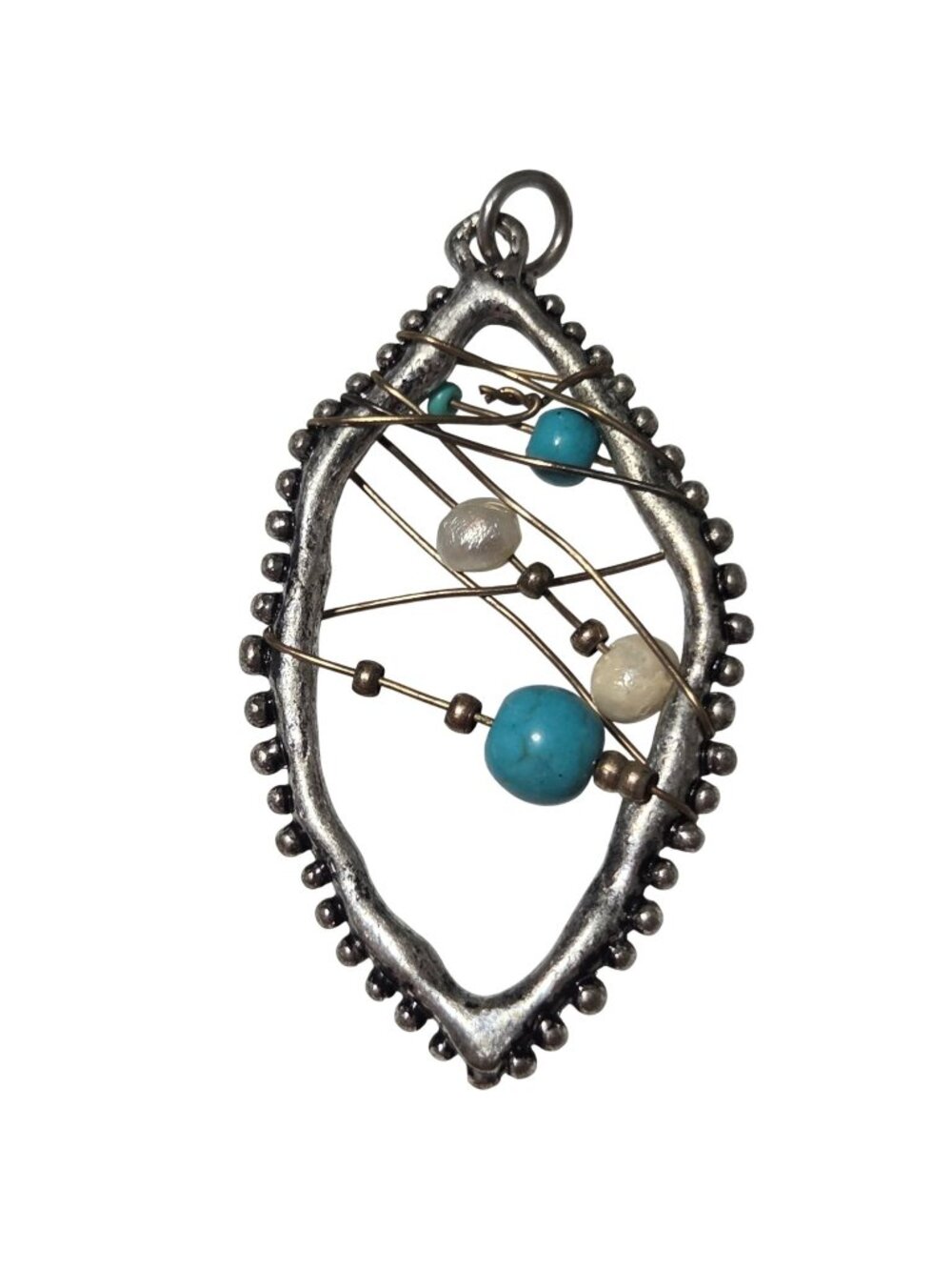 Artisan Wire Wrapped Pendant Blue Faux Pearl Beads Mid Century Modern Jewelry